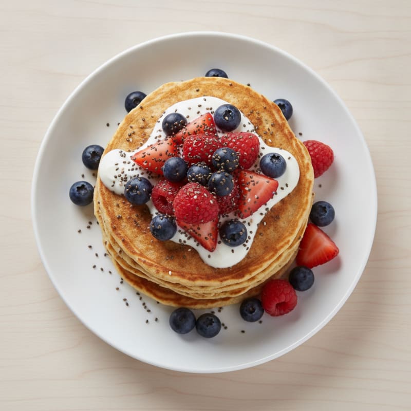 Greek Yogurt Oatmeal Pancakes with Mixed Berries and Chia Seeds