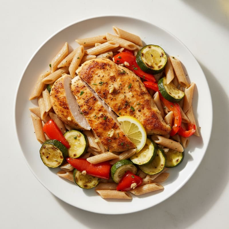 Lemon Herb Chicken Breast with Roasted Vegetables and Pasta