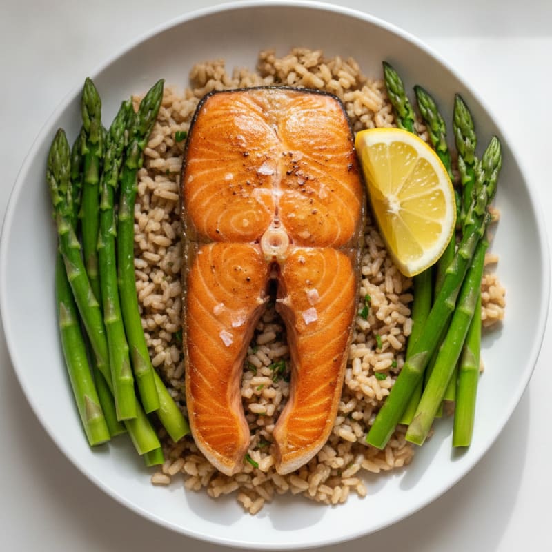Seared Salmon with Steamed Asparagus and Brown Rice