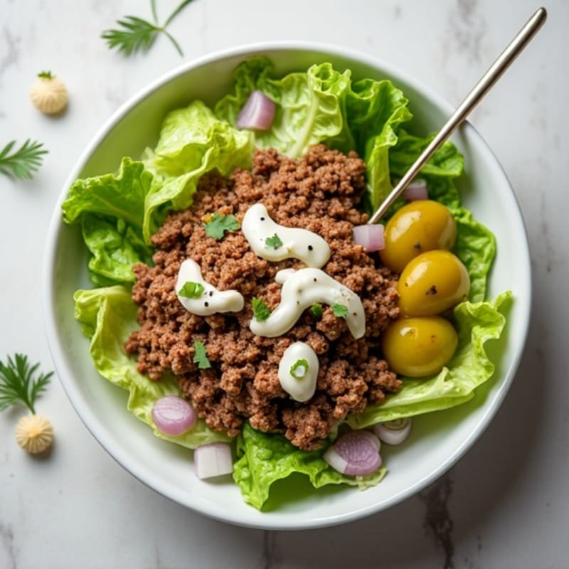 Lean Ground Beef and Crispy Lettuce Bowl with Creamy Pickle Dressing