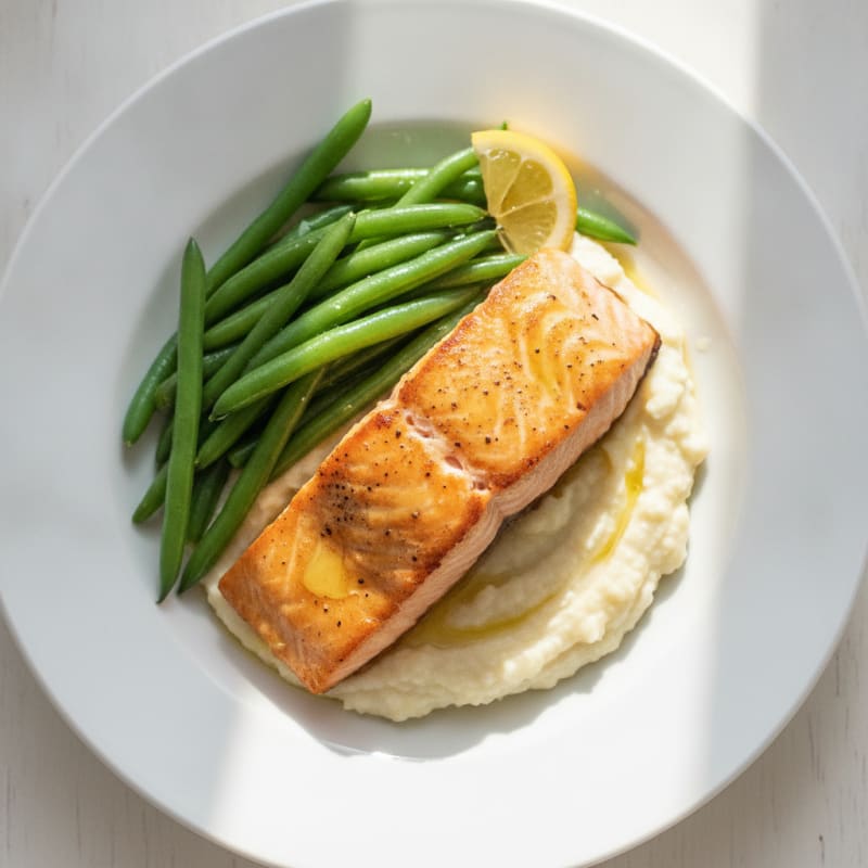Seared Salmon with Steamed Green Beans and Cauliflower Mash