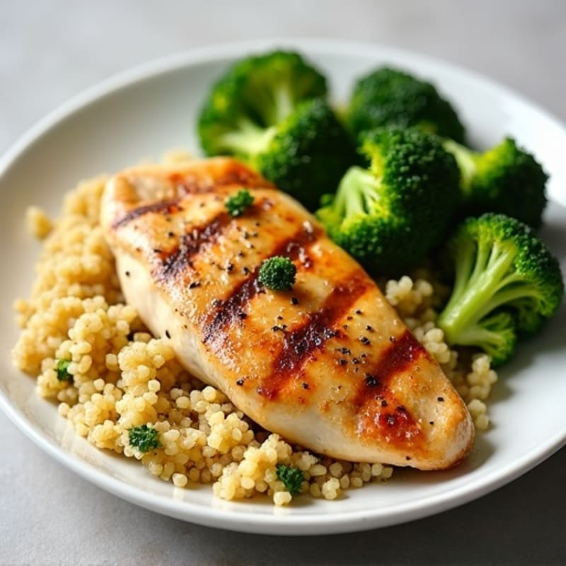 Grilled Lemon-Garlic Chicken Breast with Quinoa and Steamed Broccoli