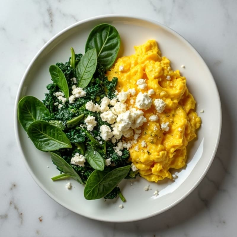 Creamy Scrambled Eggs with Sautéed Greens and Crumbled Feta