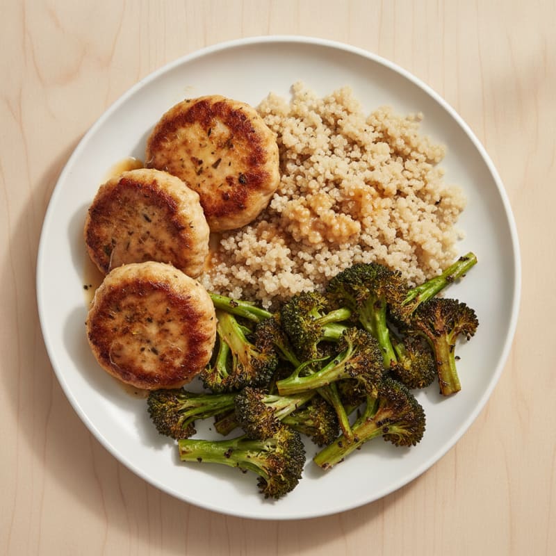 Seared Turkey Patties with Roasted Broccoli and Quinoa