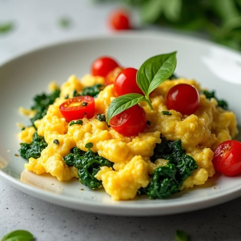 Fluffy Scrambled Eggs with Sautéed Spinach and Cherry Tomatoes