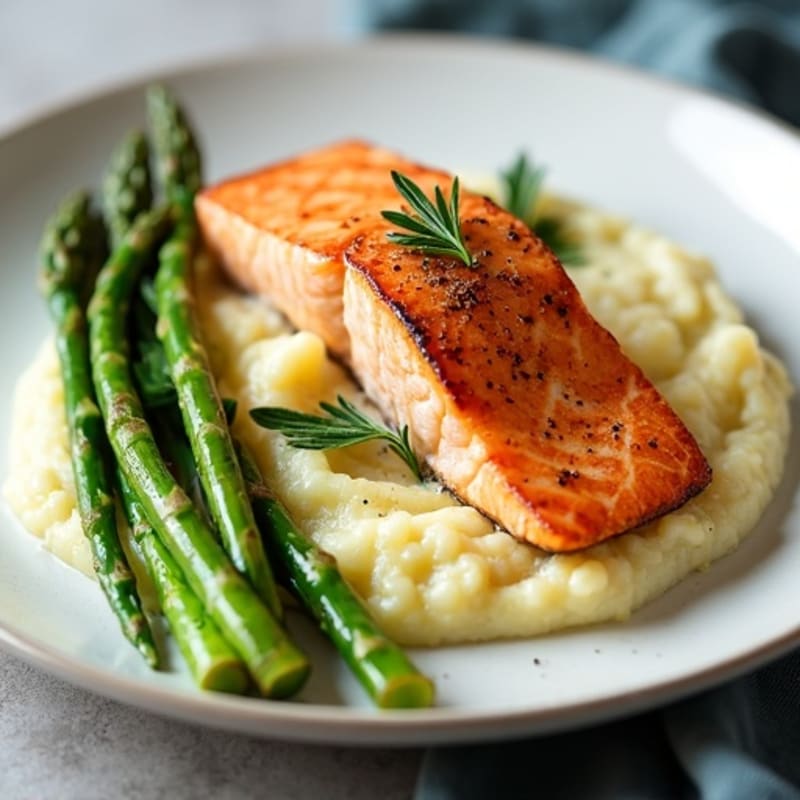 Seared Salmon with Steamed Asparagus and Cauliflower Mash