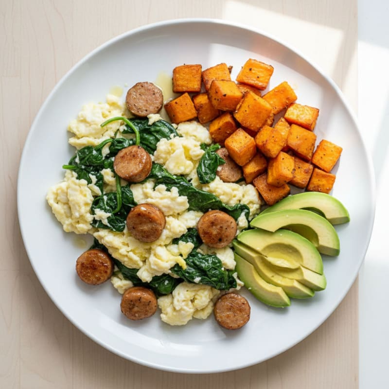 Egg White Scramble with Chicken Sausage and Spinach