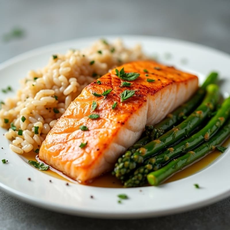 Seared Salmon Fillet with Steamed Asparagus and Brown Rice