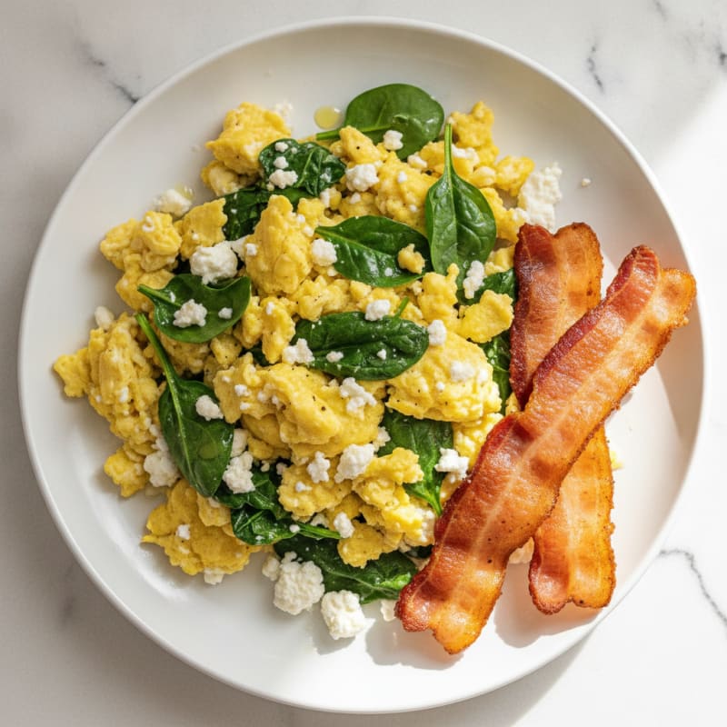 Cottage Cheese Egg Scramble with Spinach and Turkey Bacon