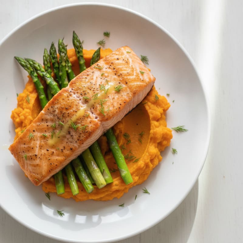 Seared Salmon Fillet with Roasted Asparagus and Sweet Potato Mash