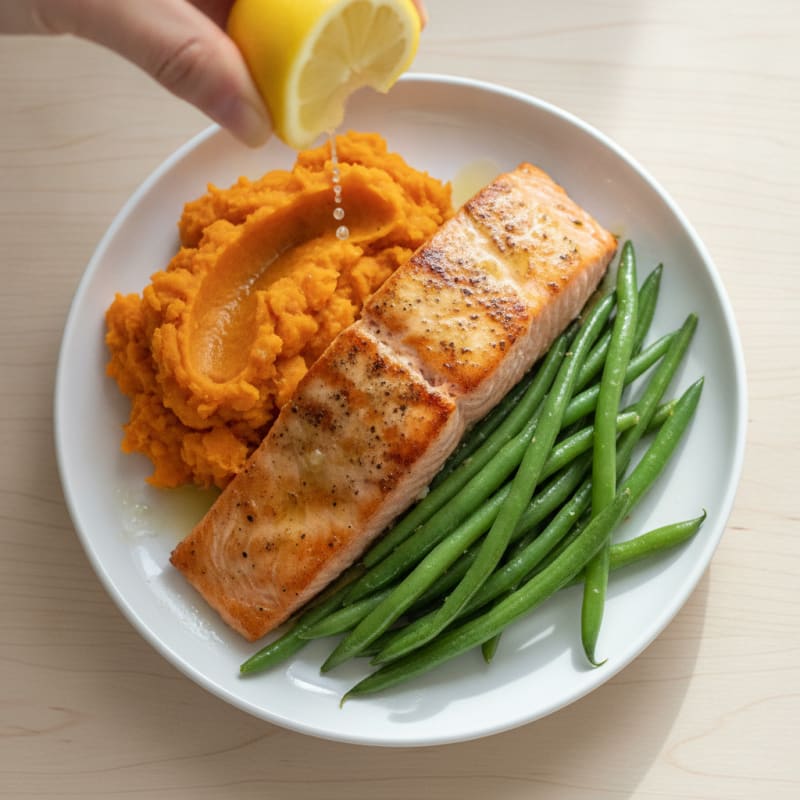 Seared Salmon with Steamed Green Beans and Mashed Sweet Potato