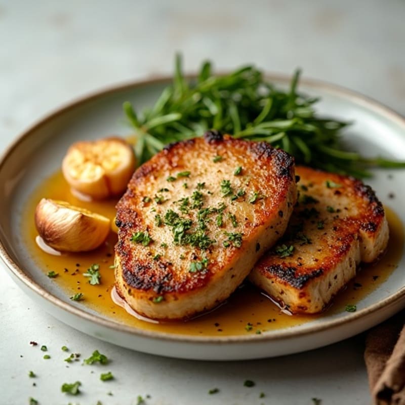 Herb-Crusted Pan Seared Pork Chops with Roasted Garlic