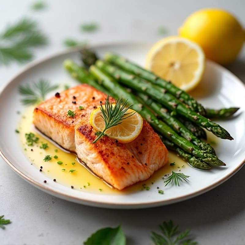 Crispy Pan-Seared Salmon with Lemon-Herb Roasted Asparagus
