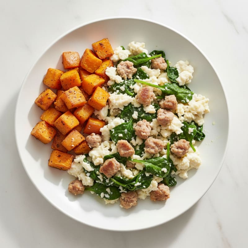 Egg White and Turkey Sausage Scramble with Spinach and Roasted Sweet Potato