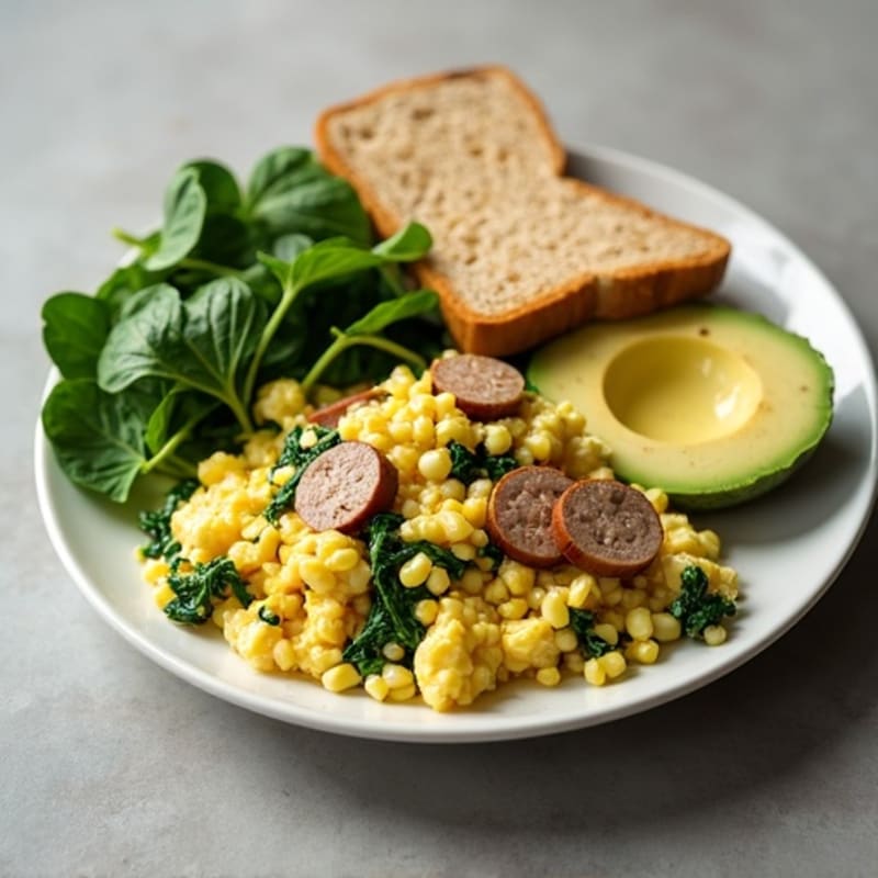 Egg White and Turkey Sausage Scramble with Sautéed Spinach