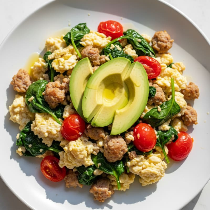 Egg White and Turkey Sausage Scramble with Spinach and Tomatoes