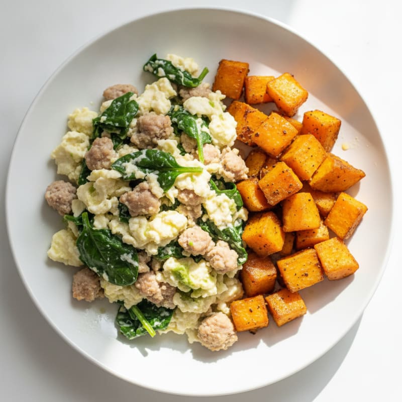 Egg White and Turkey Sausage Scramble with Spinach and Roasted Sweet Potato