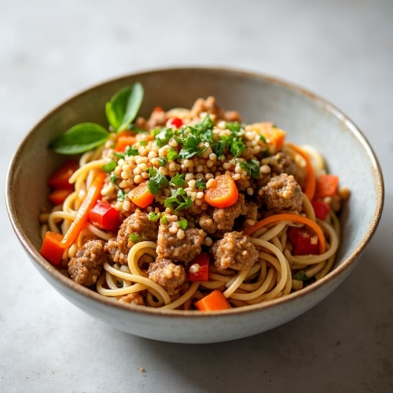 Lean Ground Pork Noodles with Spicy Peanut Sauce and Crunchy Vegetables