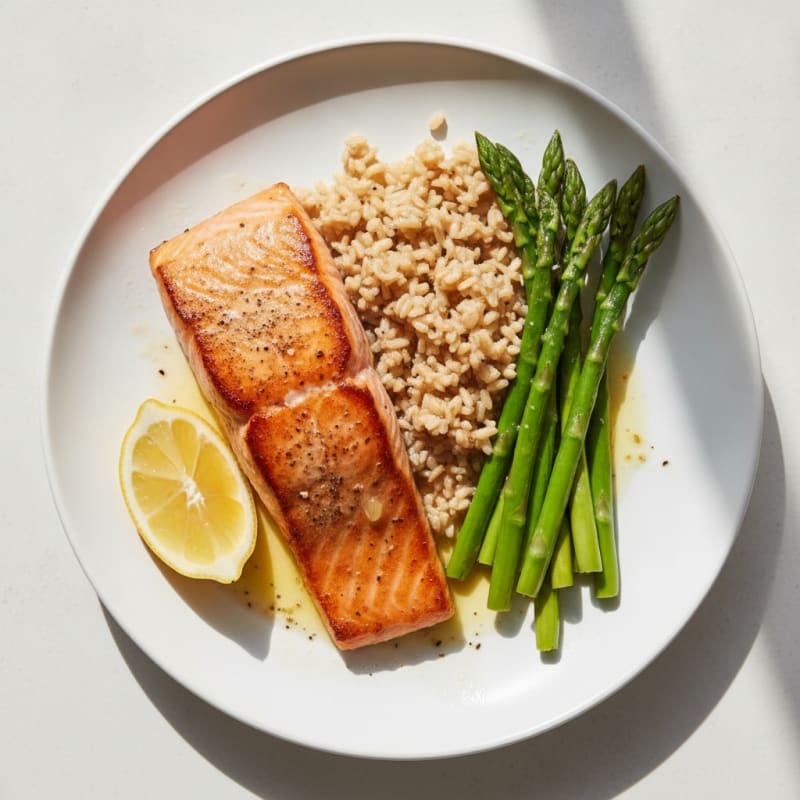 Seared Salmon Fillet with Steamed Asparagus and Brown Rice