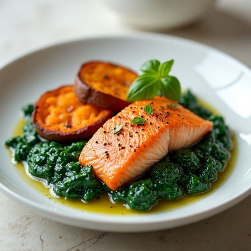 Seared Salmon with Creamy Spinach and Roasted Sweet Potatoes
