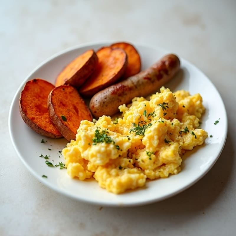 Egg White Scramble with Chicken Sausage and Roasted Sweet Potatoes
