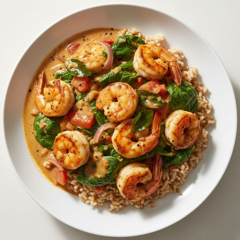 Tamil-Style Crispy Prawn & Spinach Curry with Brown Rice