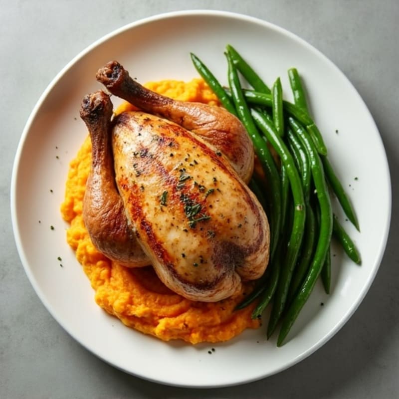 Herb-Roasted Rotisserie Chicken with Steamed Green Beans and Sweet Potato Mash