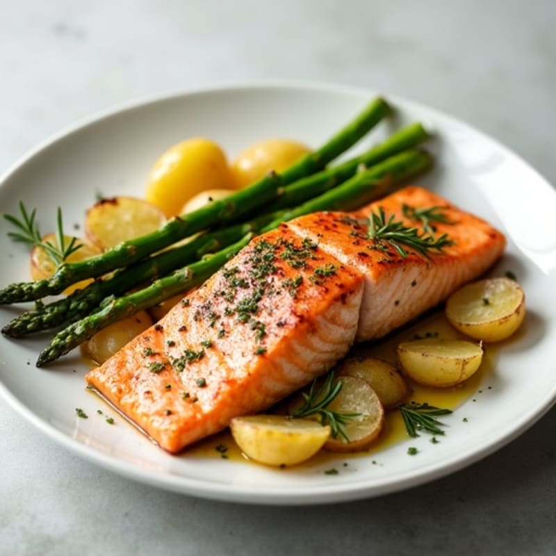 Seared Salmon with Herb Potatoes and Roasted Asparagus