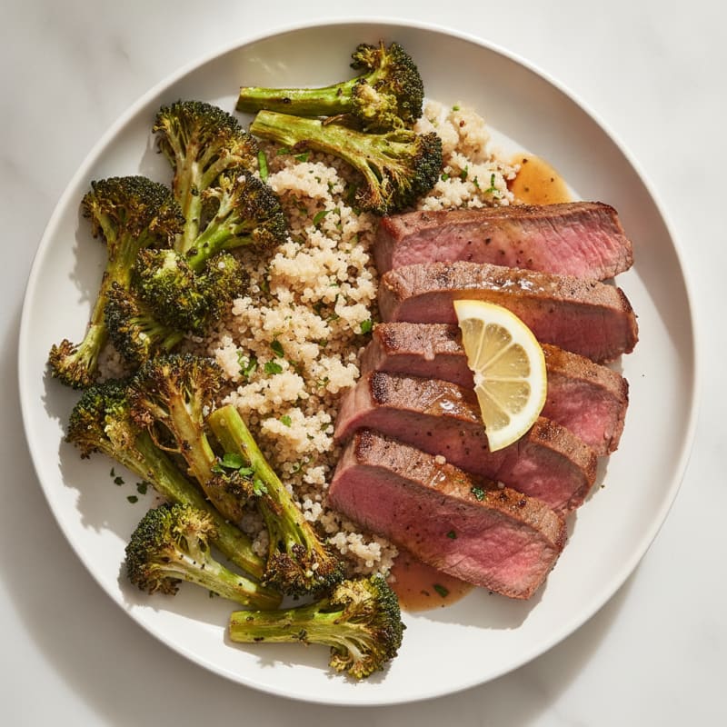 Seared Lean Beef with Roasted Broccoli and Quinoa