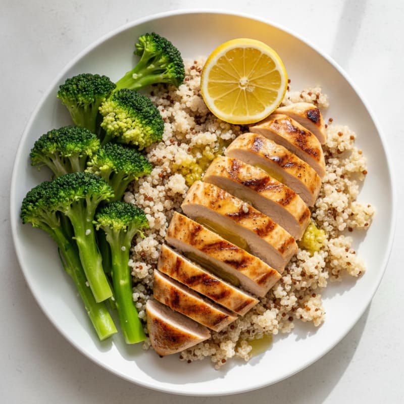 Grilled Chicken Breast with Steamed Broccoli and Quinoa