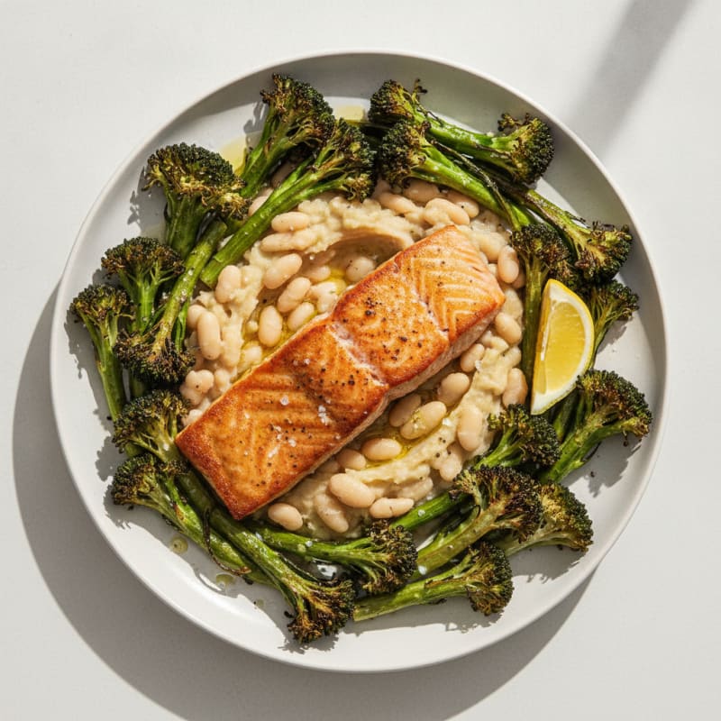 Seared Salmon with Roasted Broccoli and Garlic Mashed White Beans