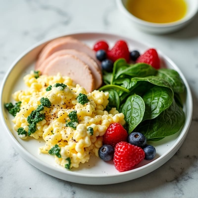 Egg White and Spinach Scramble with Cottage Cheese and Sliced Turkey