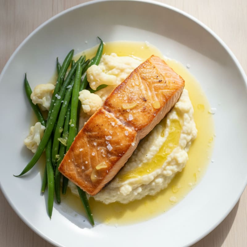Pan-Seared Salmon with Steamed Green Beans and Cauliflower Mash
