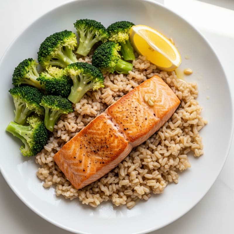 Seared Salmon with Steamed Broccoli and Brown Rice