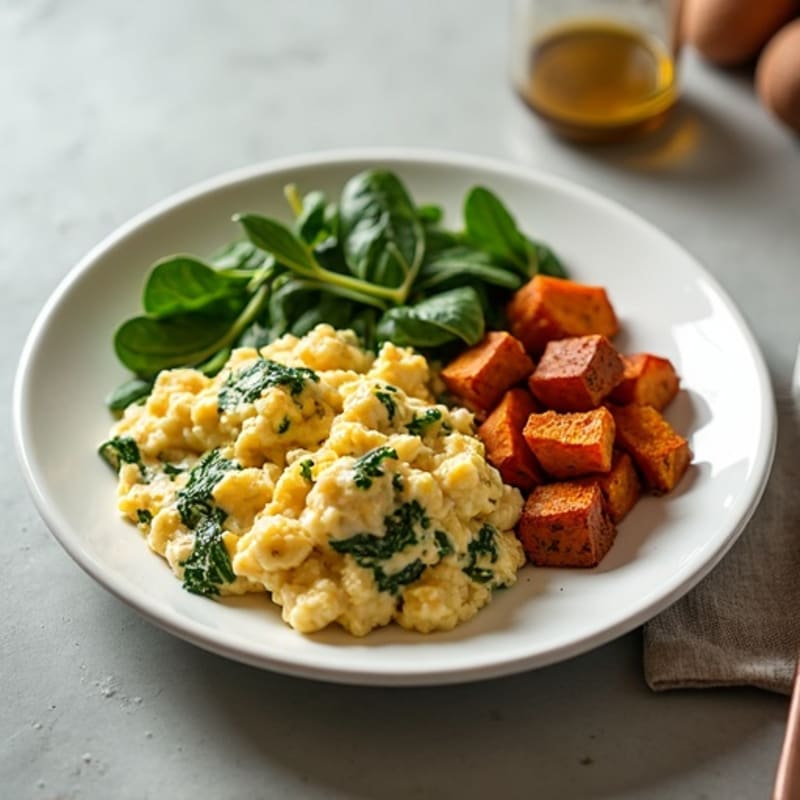 Egg White Spinach Scramble with Turkey Sausage and Roasted Sweet Potato
