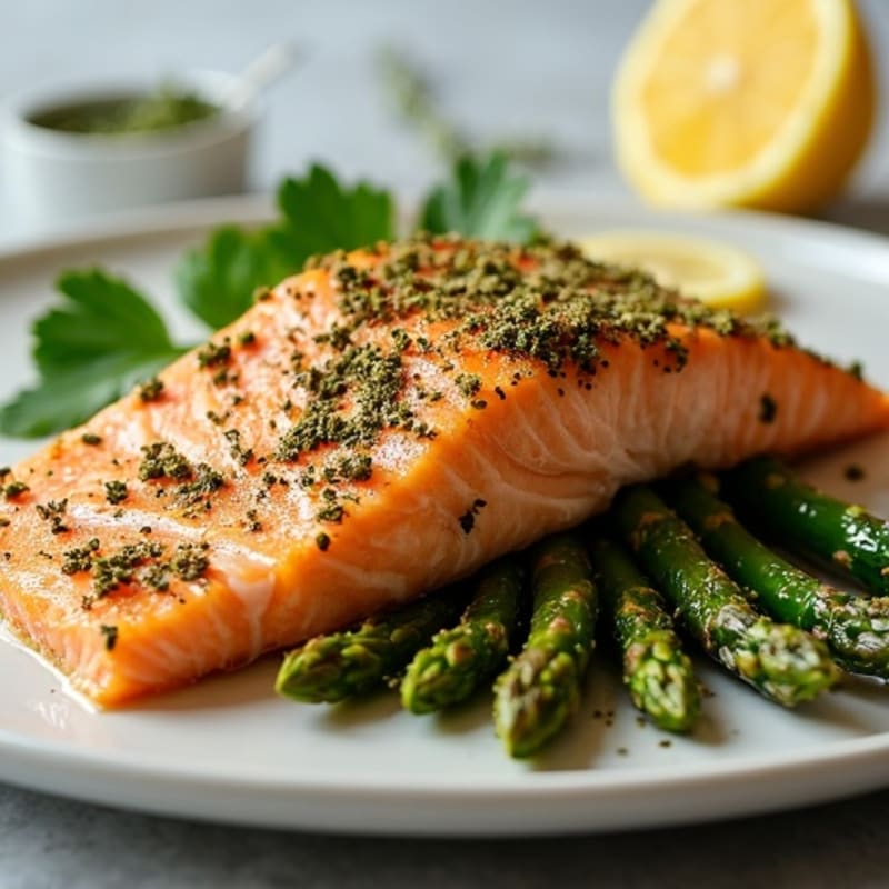 Herb-Crusted Pan Seared Salmon with Roasted Asparagus