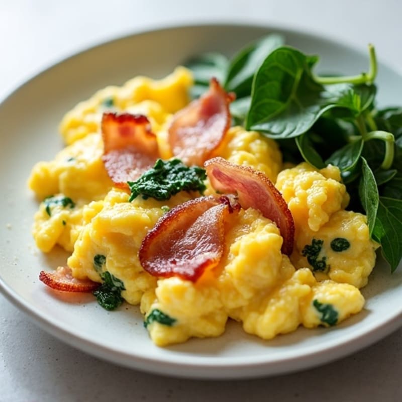 Creamy Mozzarella Scrambled Eggs with Turkey Bacon & Spinach