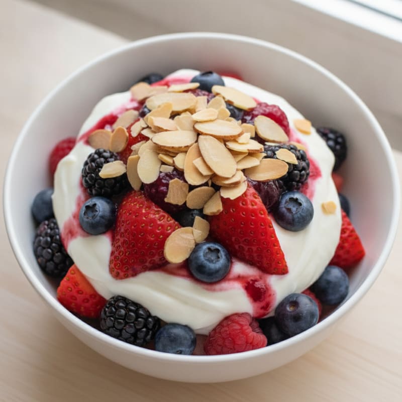Greek Yogurt Protein Parfait with Mixed Berries and Almonds