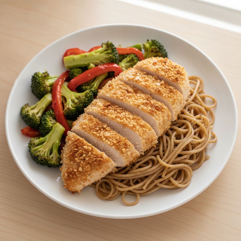 Crispy Chicken Breast with Roasted Vegetables and Noodles