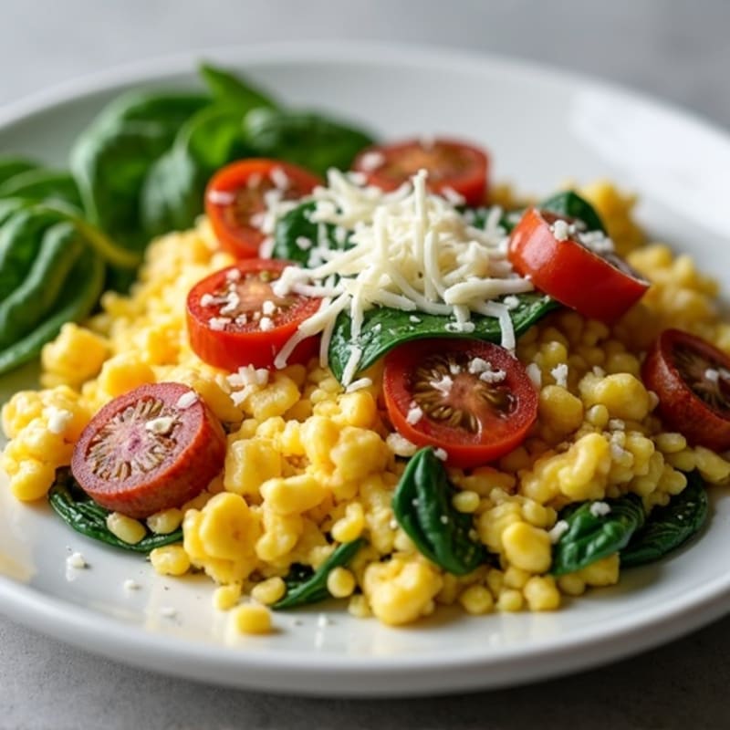 Egg White and Turkey Sausage Scramble with Spinach and Tomatoes