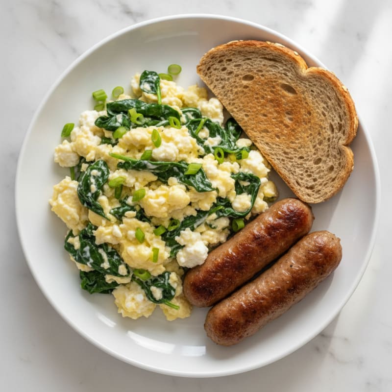 Cottage Cheese Scramble with Spinach and Turkey Sausage
