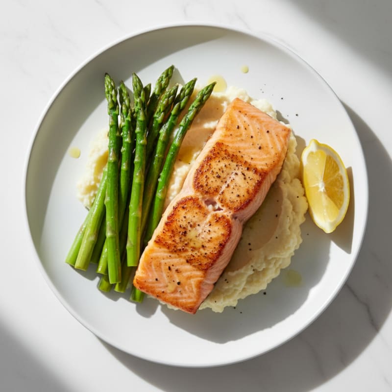 Seared Salmon with Steamed Asparagus and Cauliflower Mash