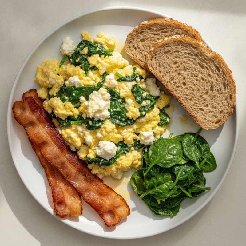 Cottage Cheese Egg Scramble with Sautéed Spinach and Turkey Bacon
