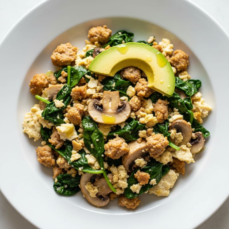 Egg White and Turkey Sausage Scramble with Spinach and Mushrooms