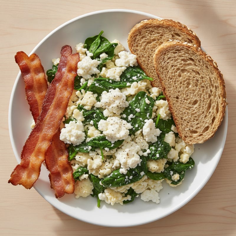 Egg White Spinach Scramble with Cottage Cheese and Turkey Bacon