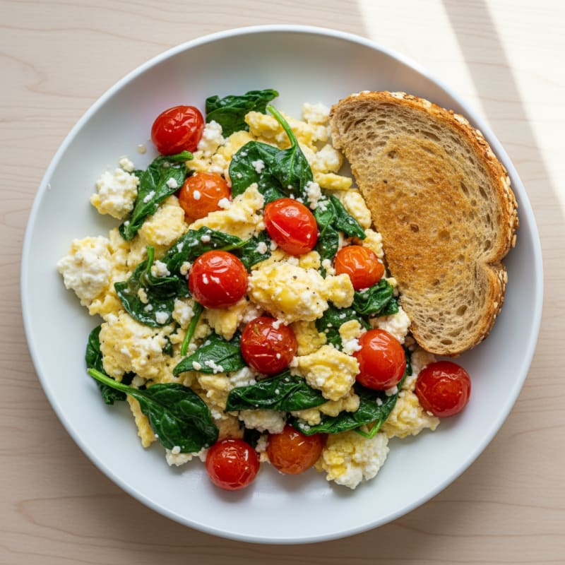 Cottage Cheese Egg Scramble with Spinach and Cherry Tomatoes