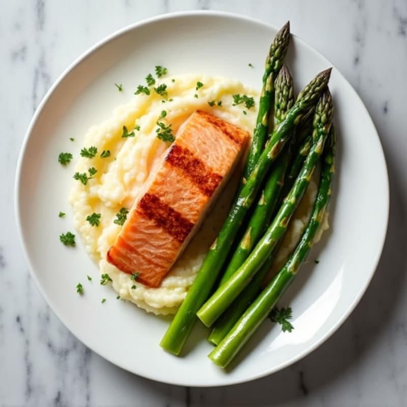 Seared Salmon with Steamed Asparagus and Cauliflower Mash
