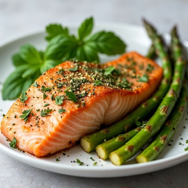 Herb-Crusted Butter Baked Salmon with Garlic Asparagus