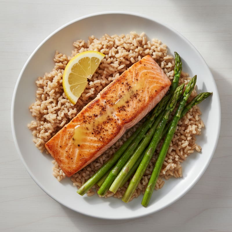 Seared Salmon with Steamed Asparagus and Brown Rice