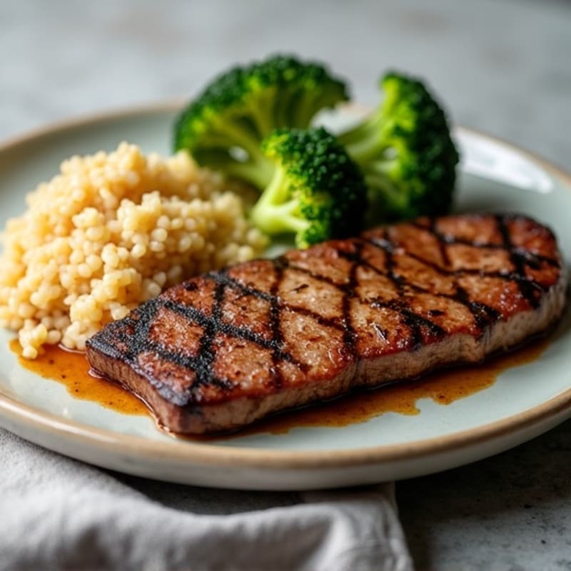 Grilled Steak with Brown Rice and Roasted Broccoli